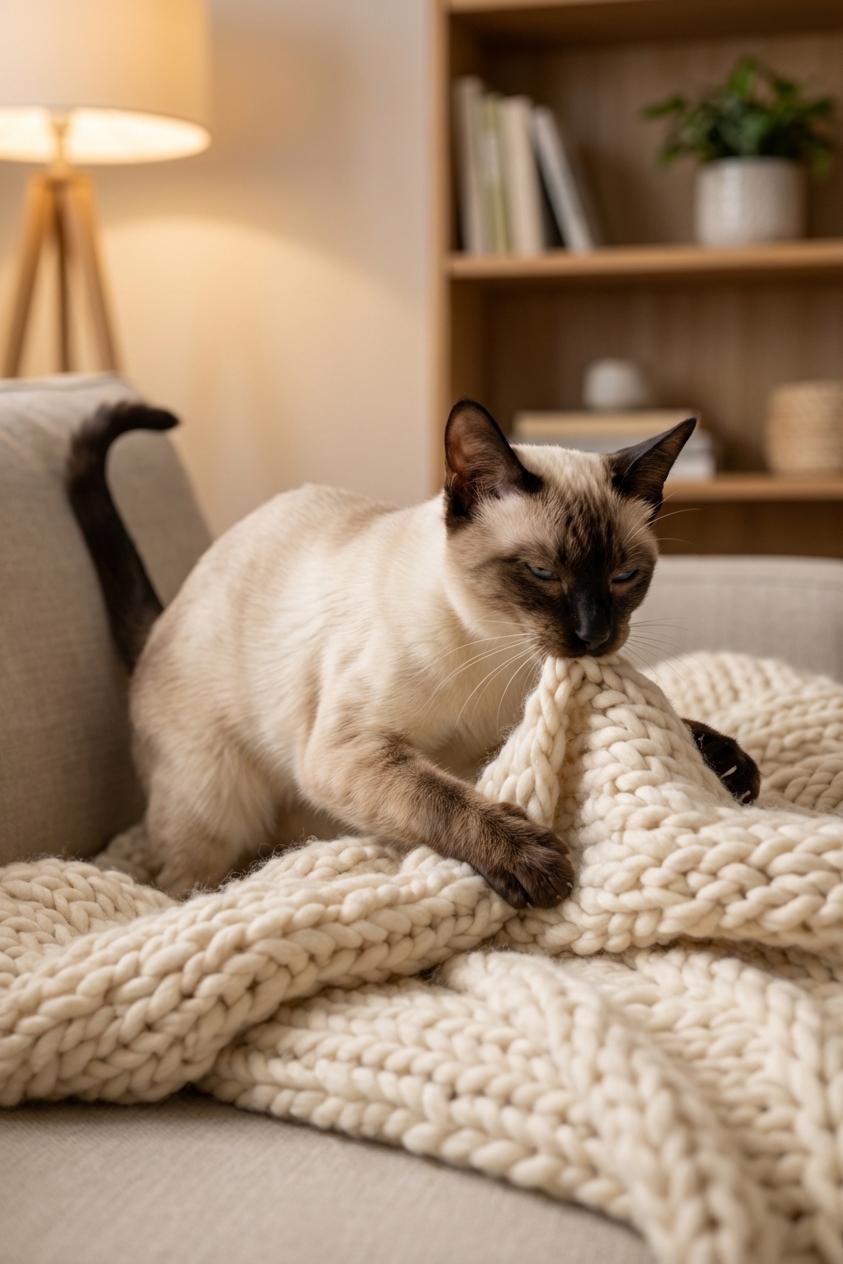 A Siamese cat kneading and gently chewing the edge of a wool blanket on a living room couch, warm indoor lighting, photorealistic lifestyle photography