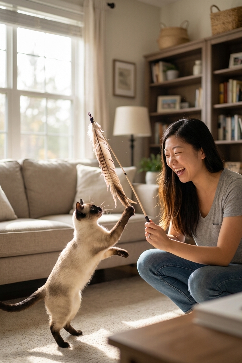 A Siamese cat reaching toward a feather wand toy during playtime in a living room