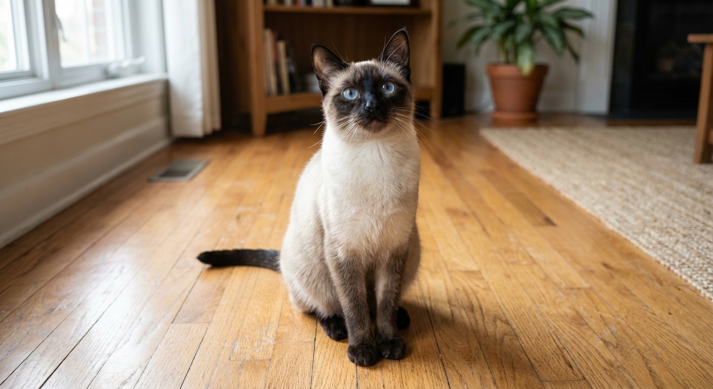 A Siamese cat sitting alertly on a hardwood floor looking up toward the camera, natural indoor light, photorealistic