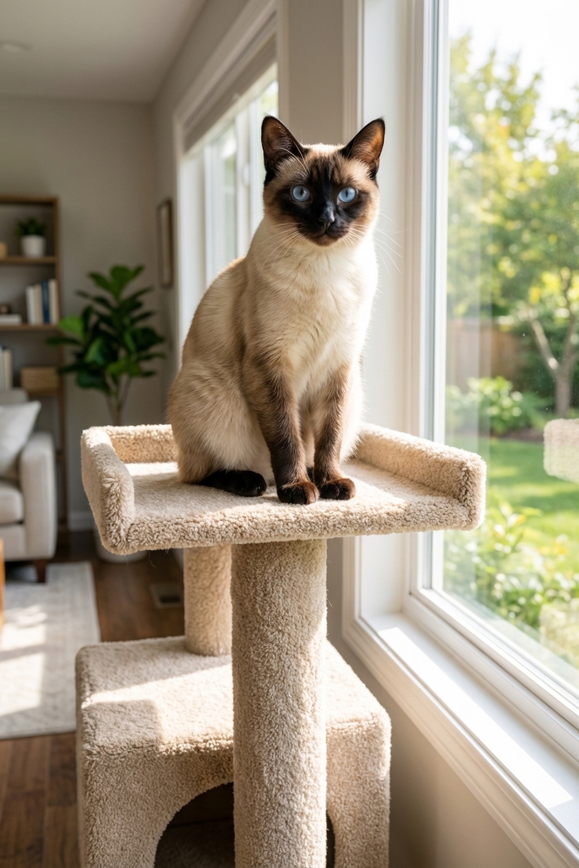 A Siamese cat sitting on a tall cat tree next to a window in daylight