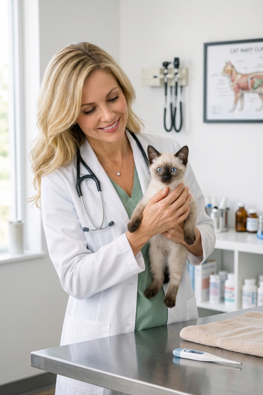 A Siamese kitten being gently held during a veterinary exam in a clinic room