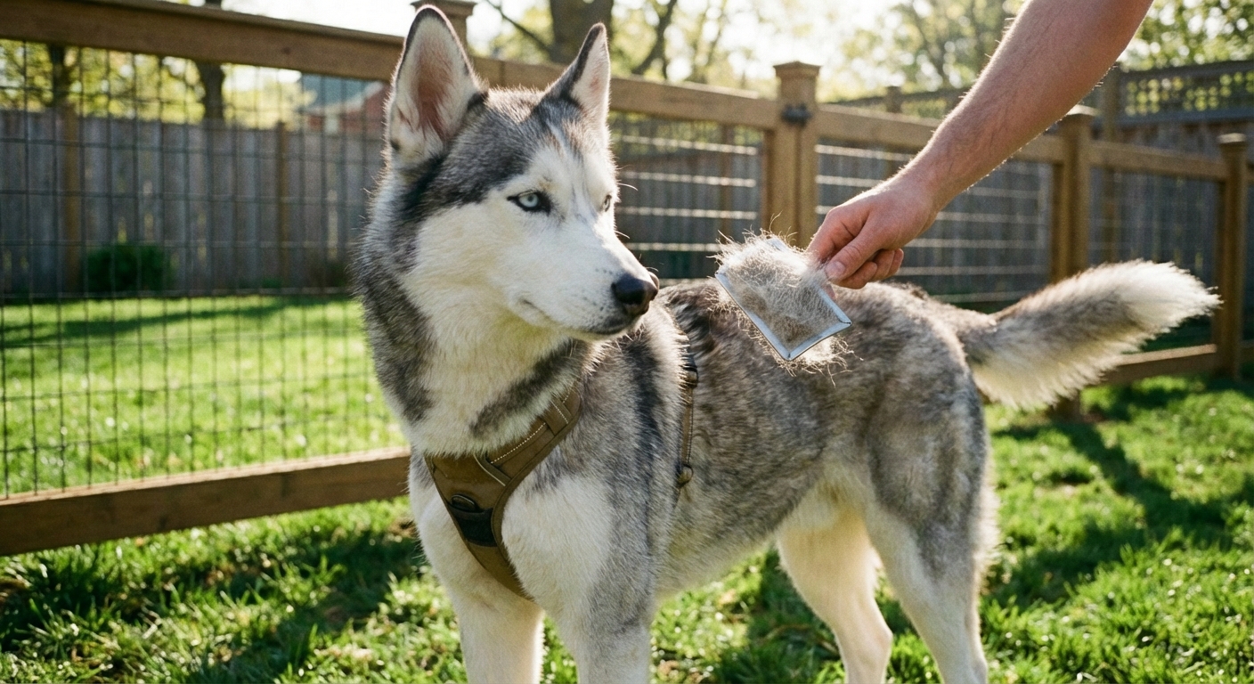 A Siberian Husky being gently brushed outdoors with loose fur visible on the brush