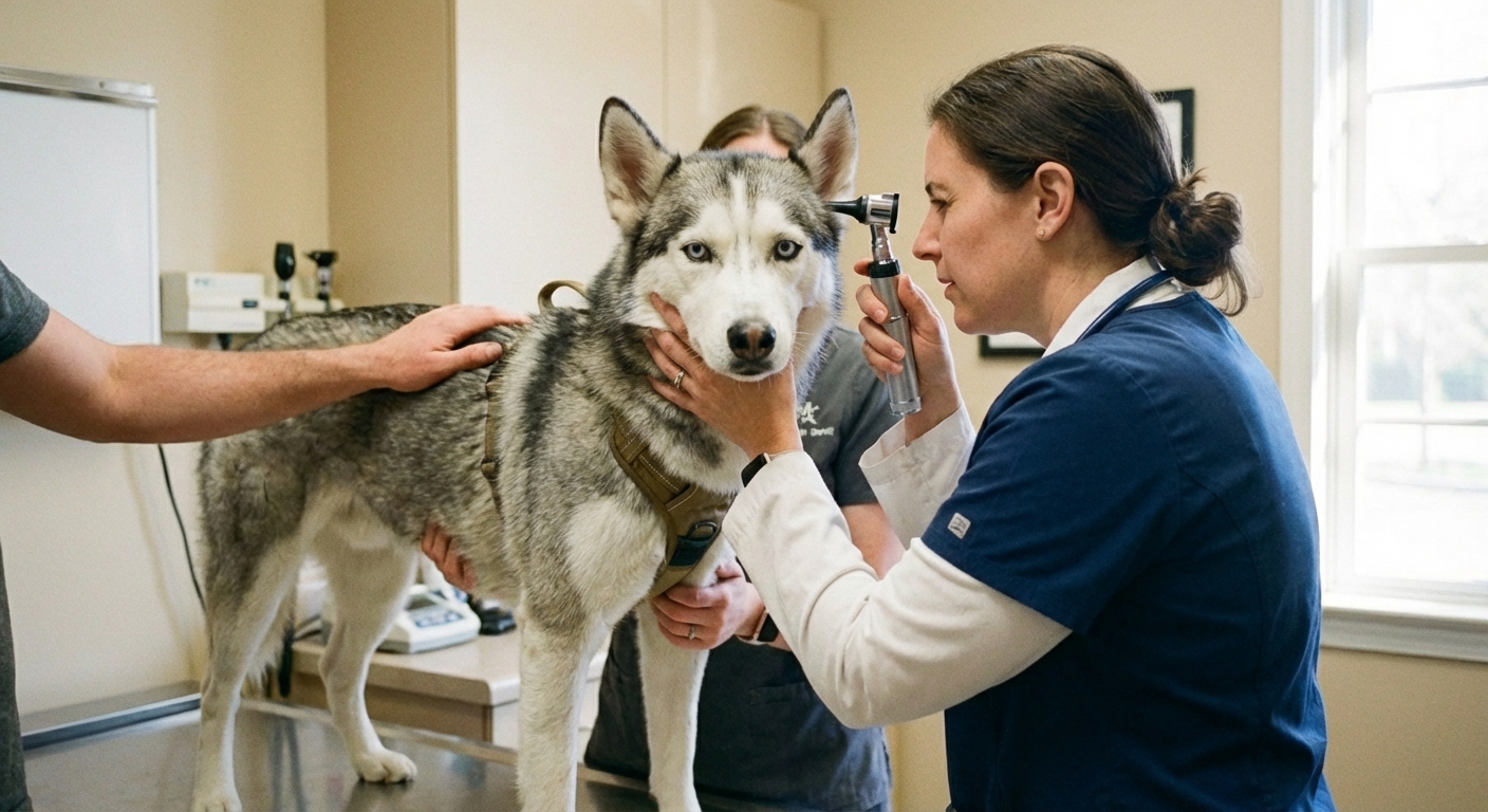A Siberian Husky having its ears checked by a veterinarian in a clinic exam room