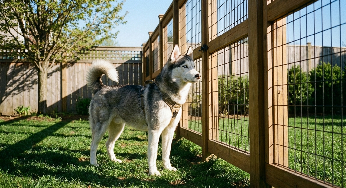 A Siberian Husky looking alert beside a secure backyard fence on a clear day