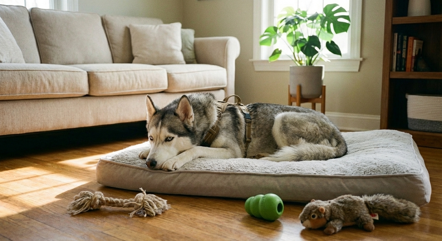 A Siberian Husky resting on a dog bed in a tidy living room with chew toys nearby