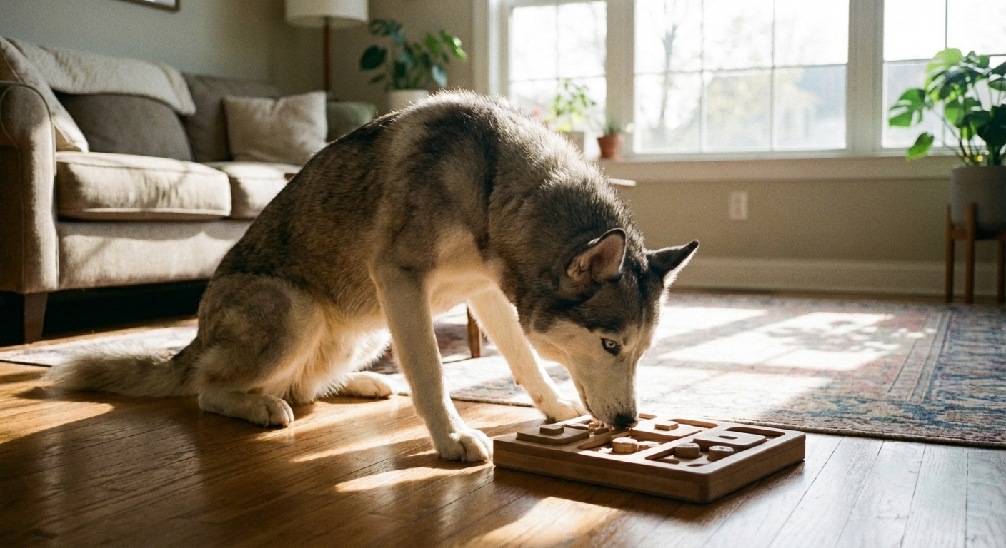 A Siberian Husky sniffing a treat puzzle toy on a living room floor