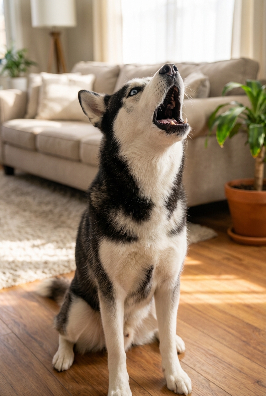 A Siberian Husky with mouth open mid-howl indoors