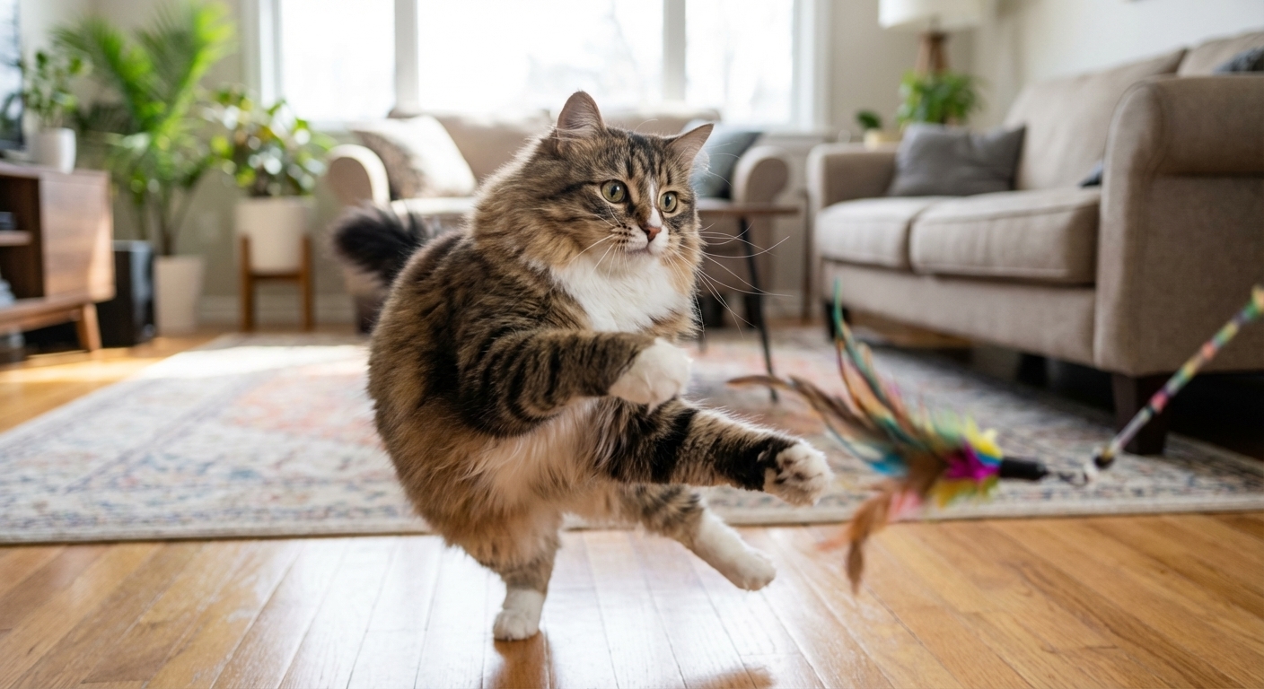 A Siberian cat mid-play reaching for a feather wand toy in a living room, with motion blur on the toy and sharp focus on the cat, photorealistic