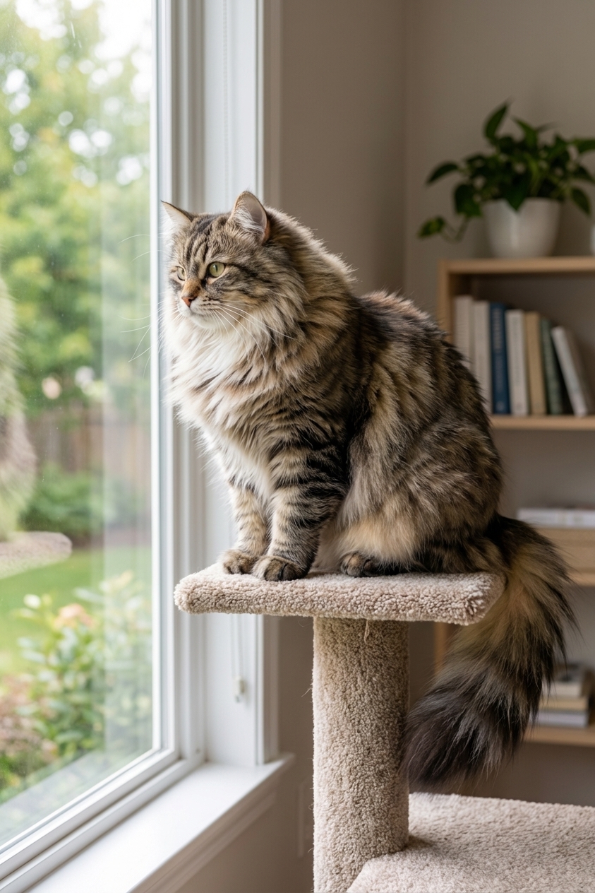 A Siberian cat perched on a tall cat tree near a window, looking outside with soft daylight illuminating its thick coat, photorealistic