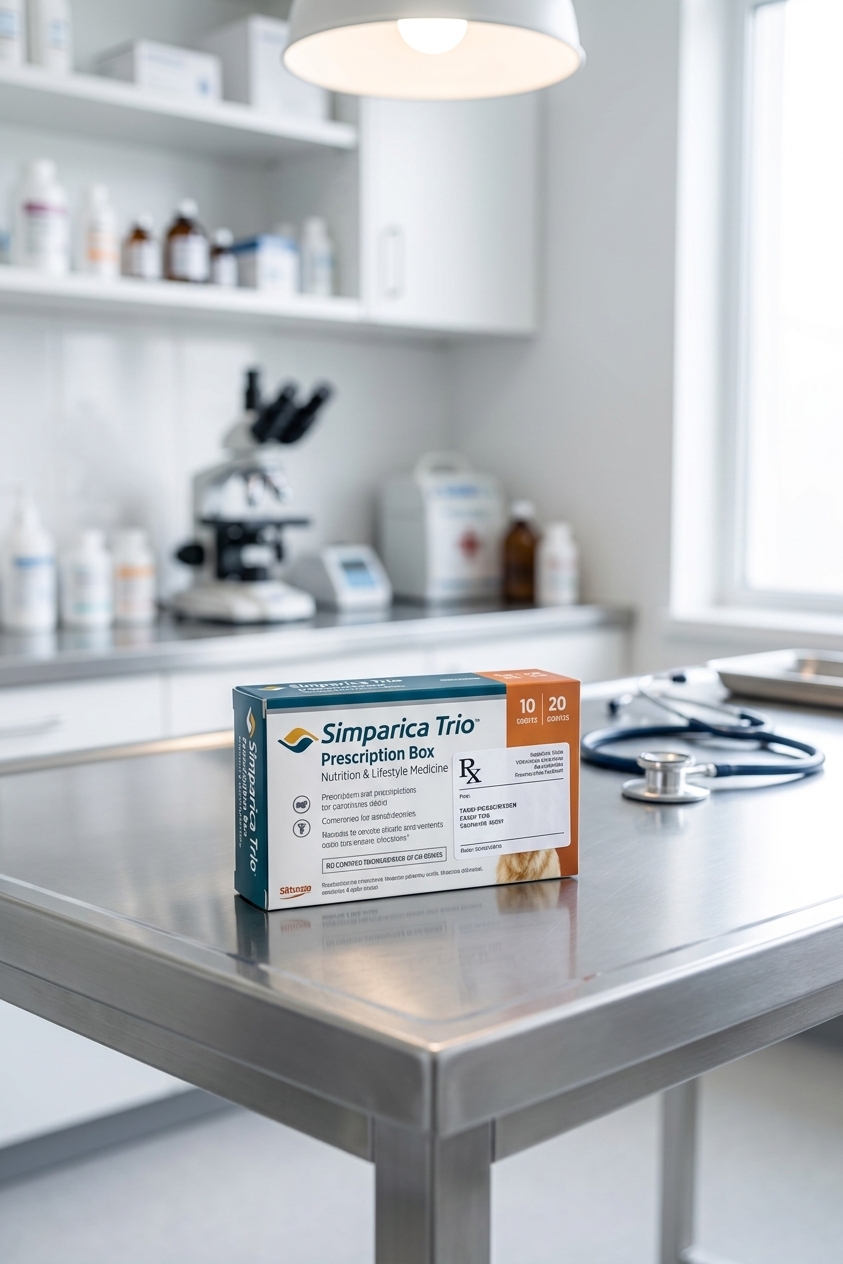 A Simparica Trio prescription box sitting on a clean veterinary clinic counter with a stethoscope in the background, real photograph style