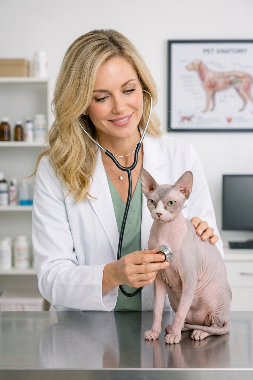 A Sphynx cat being gently examined by a veterinarian on an exam table