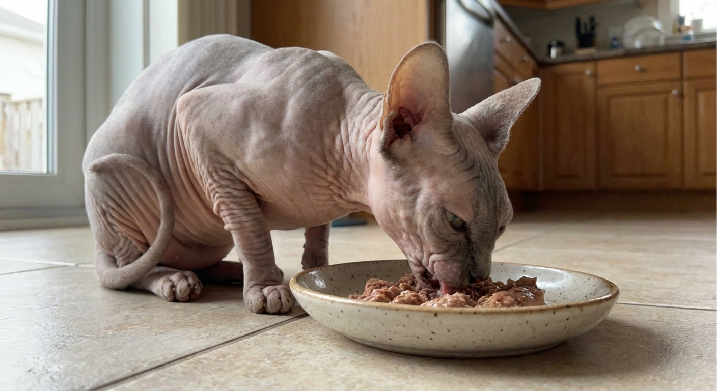 A Sphynx cat eating wet food from a shallow ceramic bowl