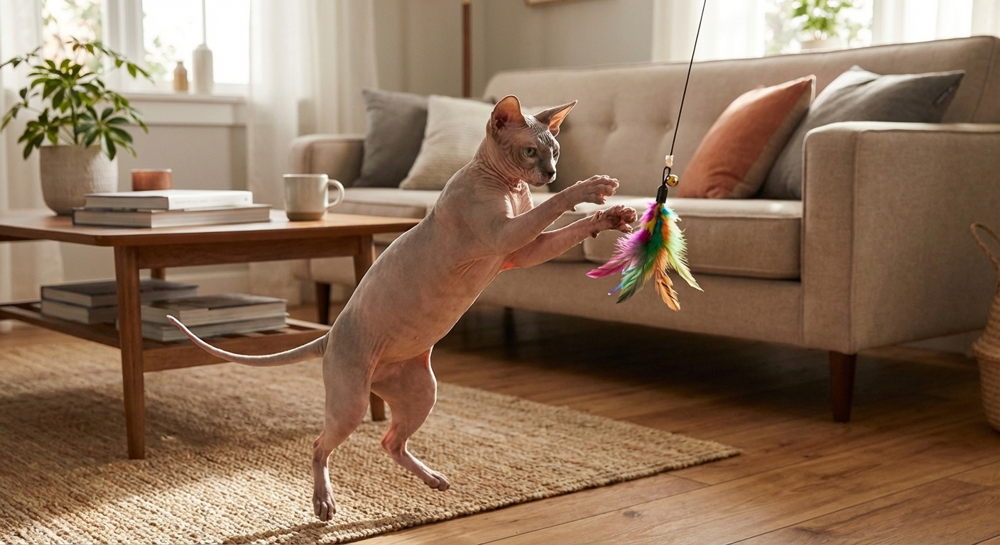 A Sphynx cat reaching for a feather wand toy in a living room