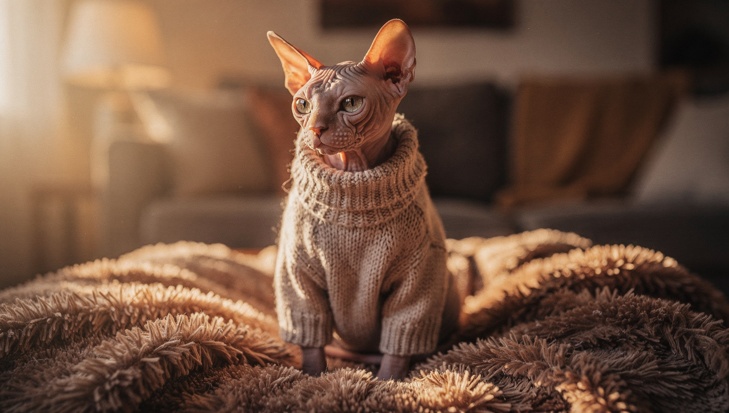 A Sphynx cat wearing a cozy sweater sitting on a sofa
