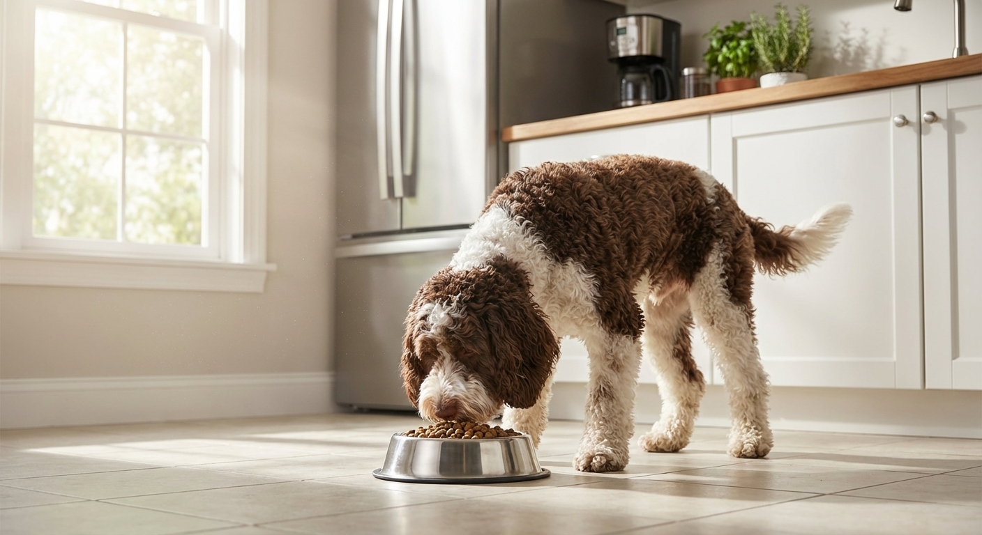 A Springerdoodle eating kibble from a stainless steel bowl in a bright kitchen, photorealistic