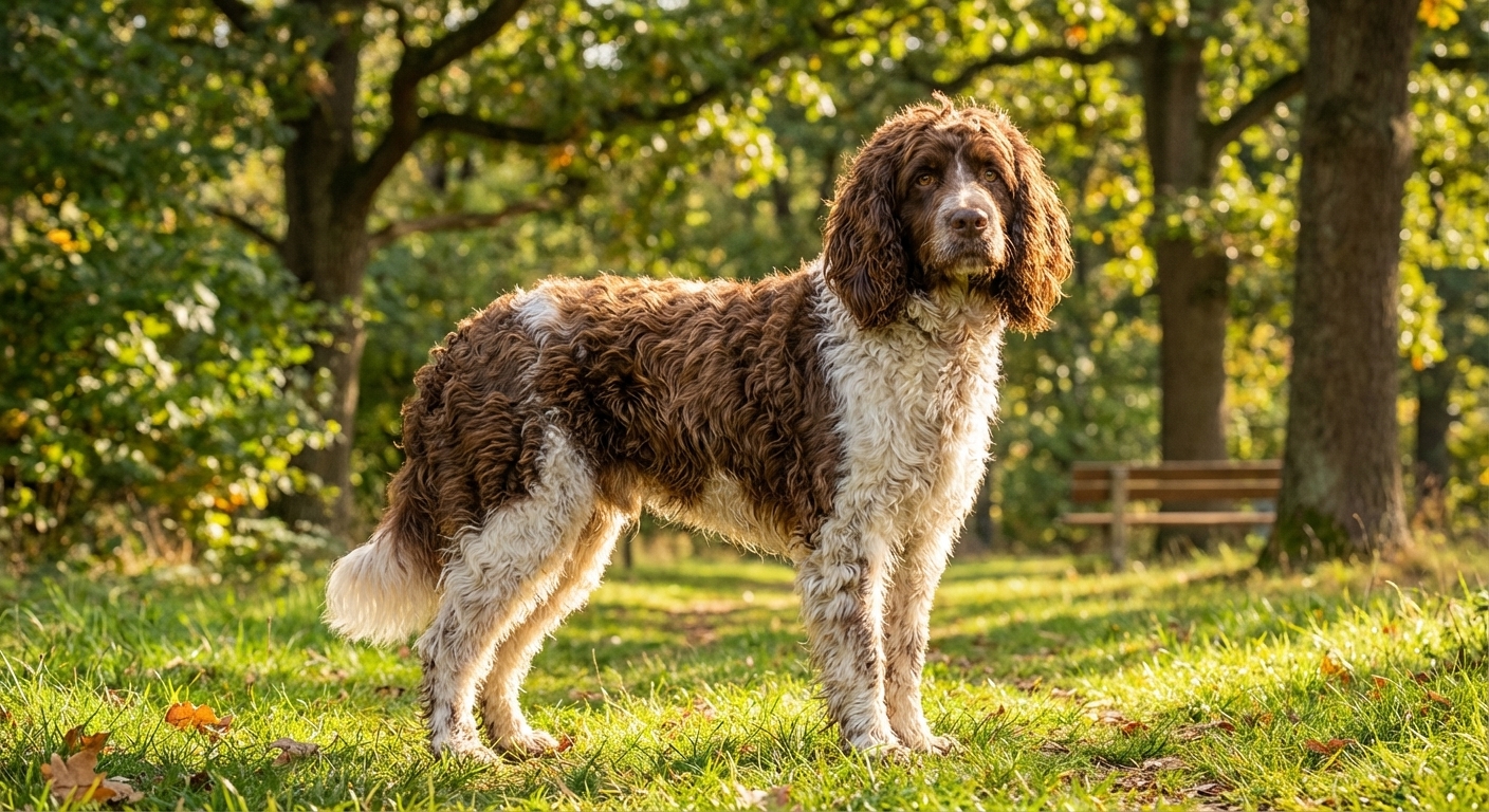 A Springerdoodle with a wavy medium-length coat standing in a park, natural sunlight, coat texture clearly visible, photorealistic