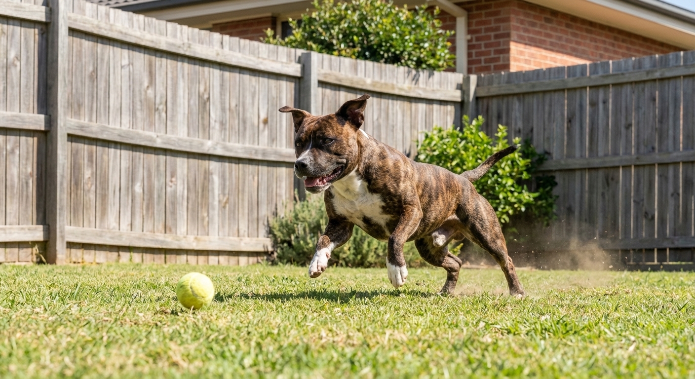 A Staffordshire Bull Terrier running after a ball in a fenced yard
