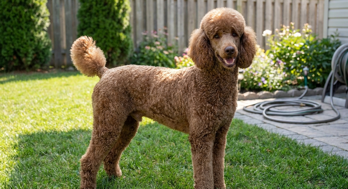 A Standard Poodle outdoors in a sunny backyard showing a curly coat with a simple, practical trim, realistic photography