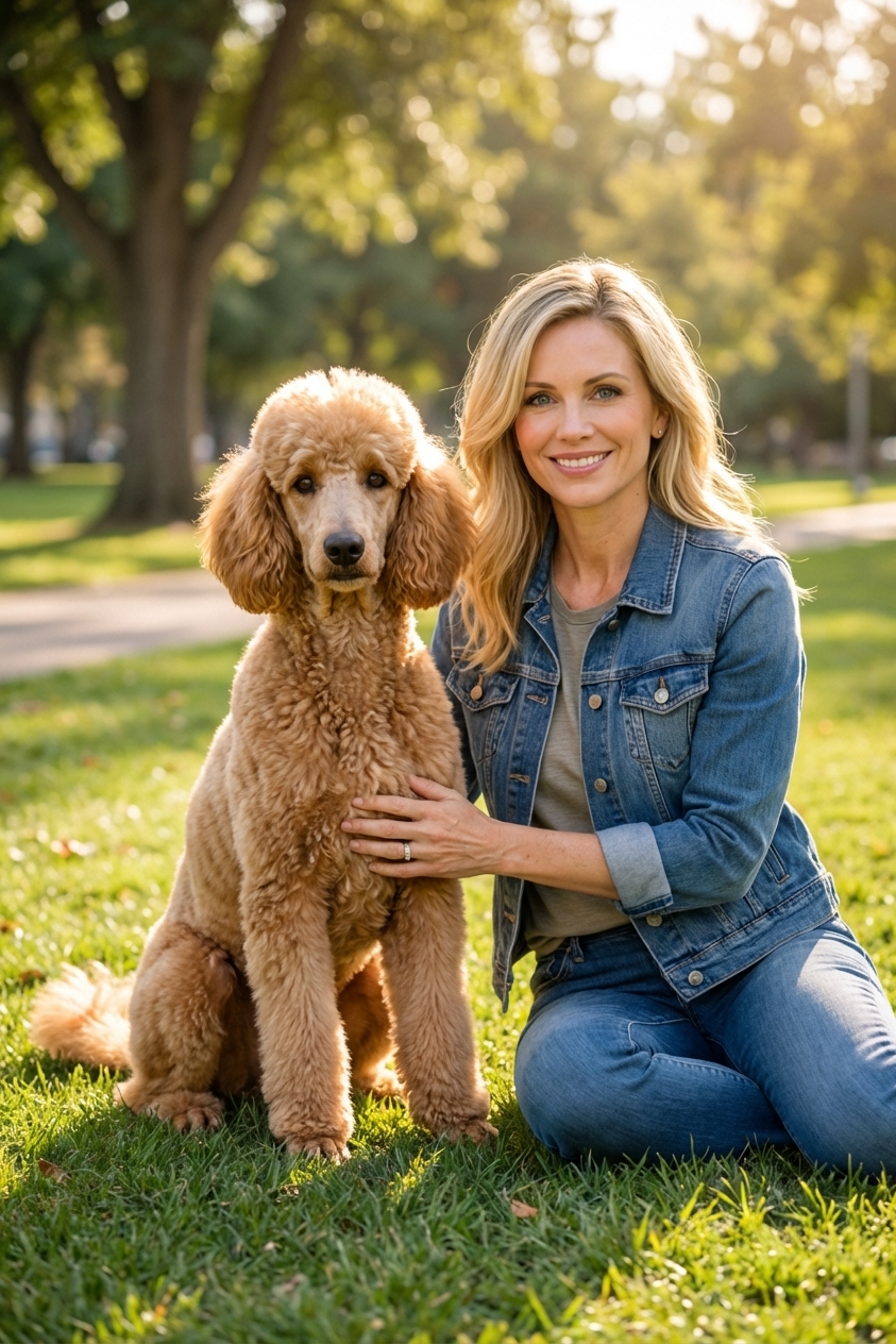 A Standard Poodle sitting attentively beside a handler in a park