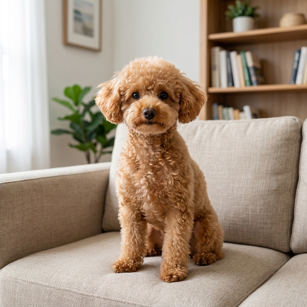 A Toy Poodle sitting alertly on a cozy sofa in a tidy living room, realistic indoor pet photography