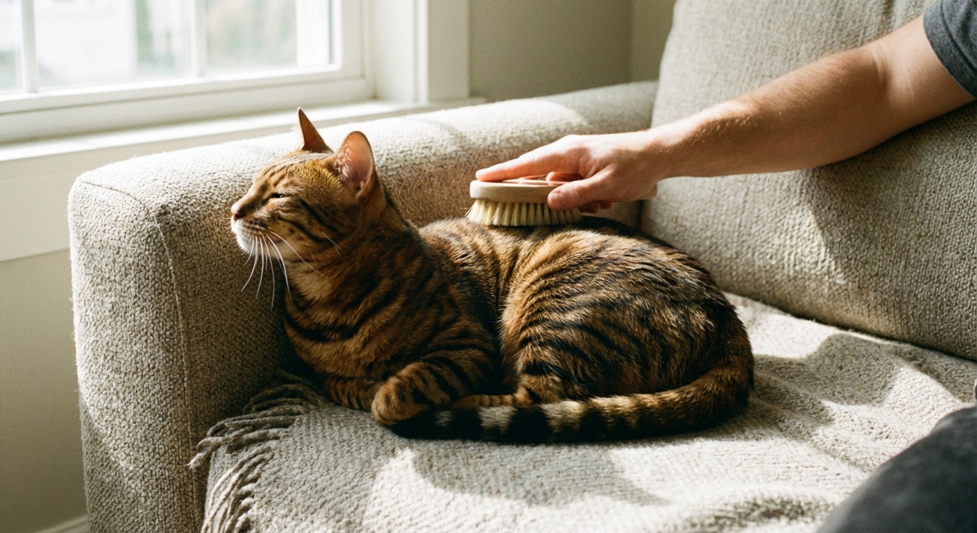 A Toyger cat being gently brushed on a sofa with a soft grooming brush