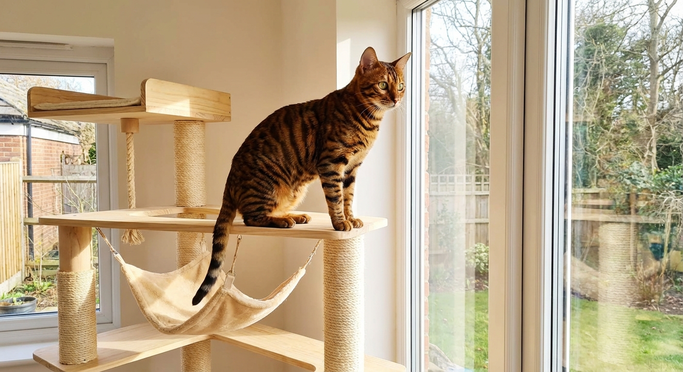 A Toyger cat perched on a tall cat tree looking out a bright window