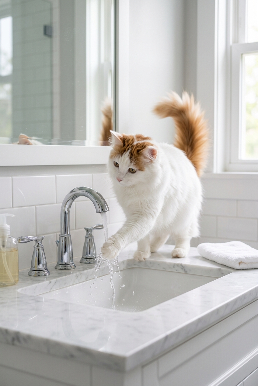 A Turkish Van cat reaching a paw toward a running faucet in a bathroom sink