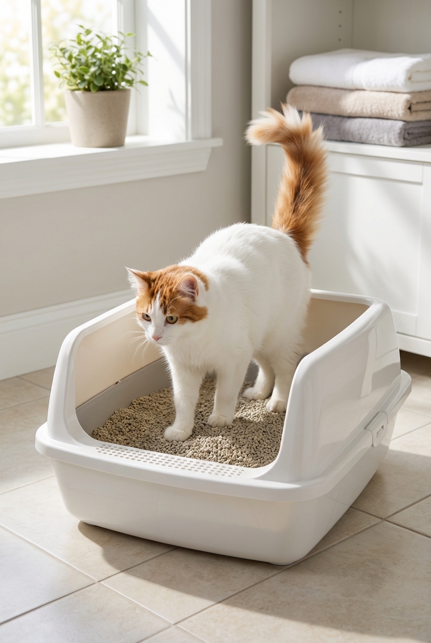 A Turkish Van cat stepping into a large open litter box in a clean, well-lit room