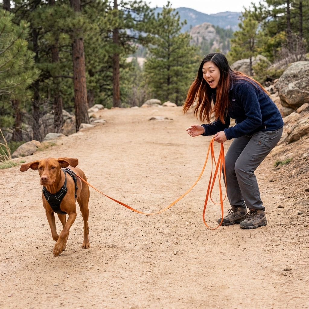 A Vizsla trotting on a wide hiking trail wearing a harness and a long-line leash, practicing outdoor recall skills with a handler
