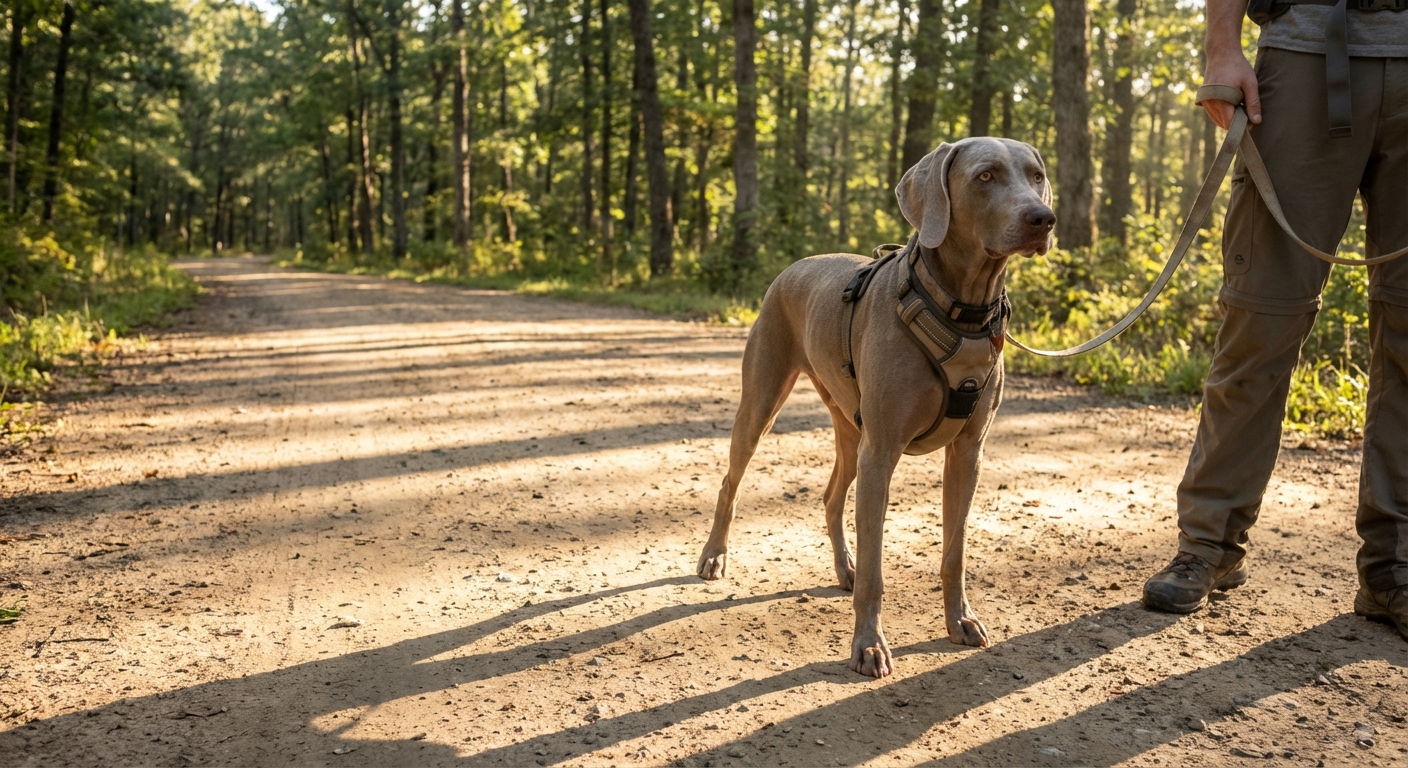 A Weimaraner on a leash hiking on a wide dirt trail with a person’s legs visible beside the dog, bright morning light and trees in the background