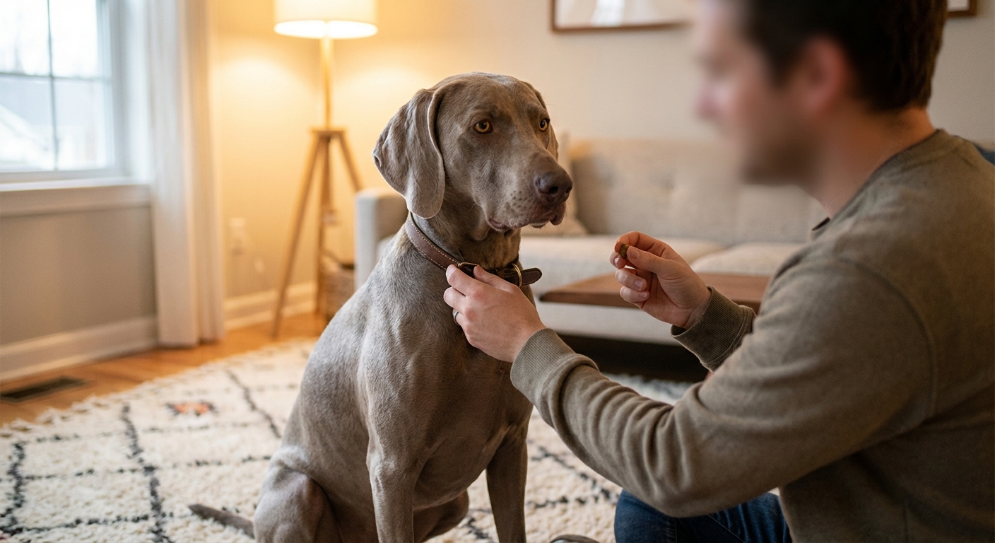 A Weimaraner sitting calmly on a living room rug while an adult gently holds the dog’s collar and offers a treat, warm indoor light and a relaxed home setting