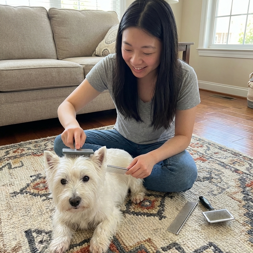 A West Highland White Terrier being gently brushed at home on a living room rug, with a metal comb and slicker brush nearby, real photography style