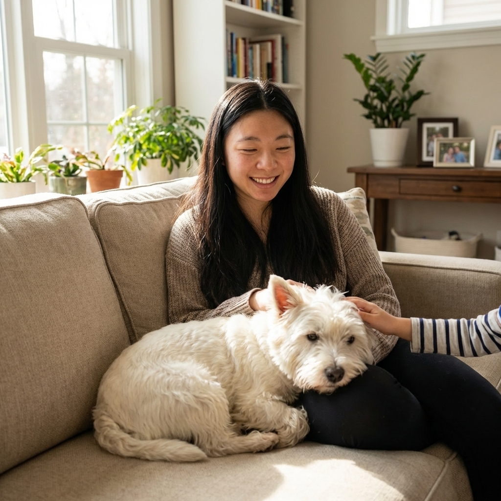 A West Highland White Terrier resting beside a family on a couch in a bright living room while a child gently pets its shoulder, real photography style