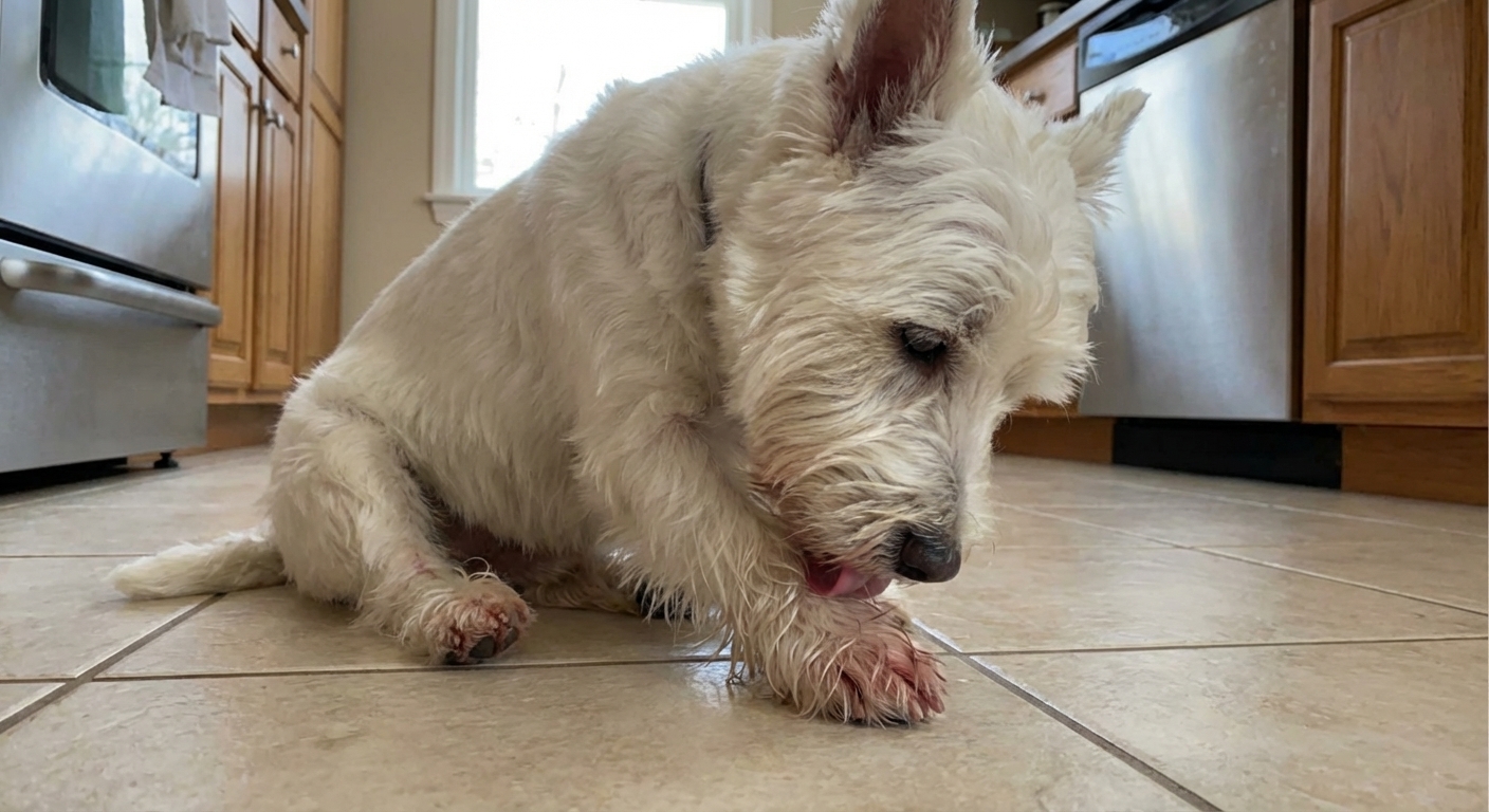 A West Highland White Terrier sitting on a kitchen floor gently licking its front paw, showing mild redness between the toes, real photography style