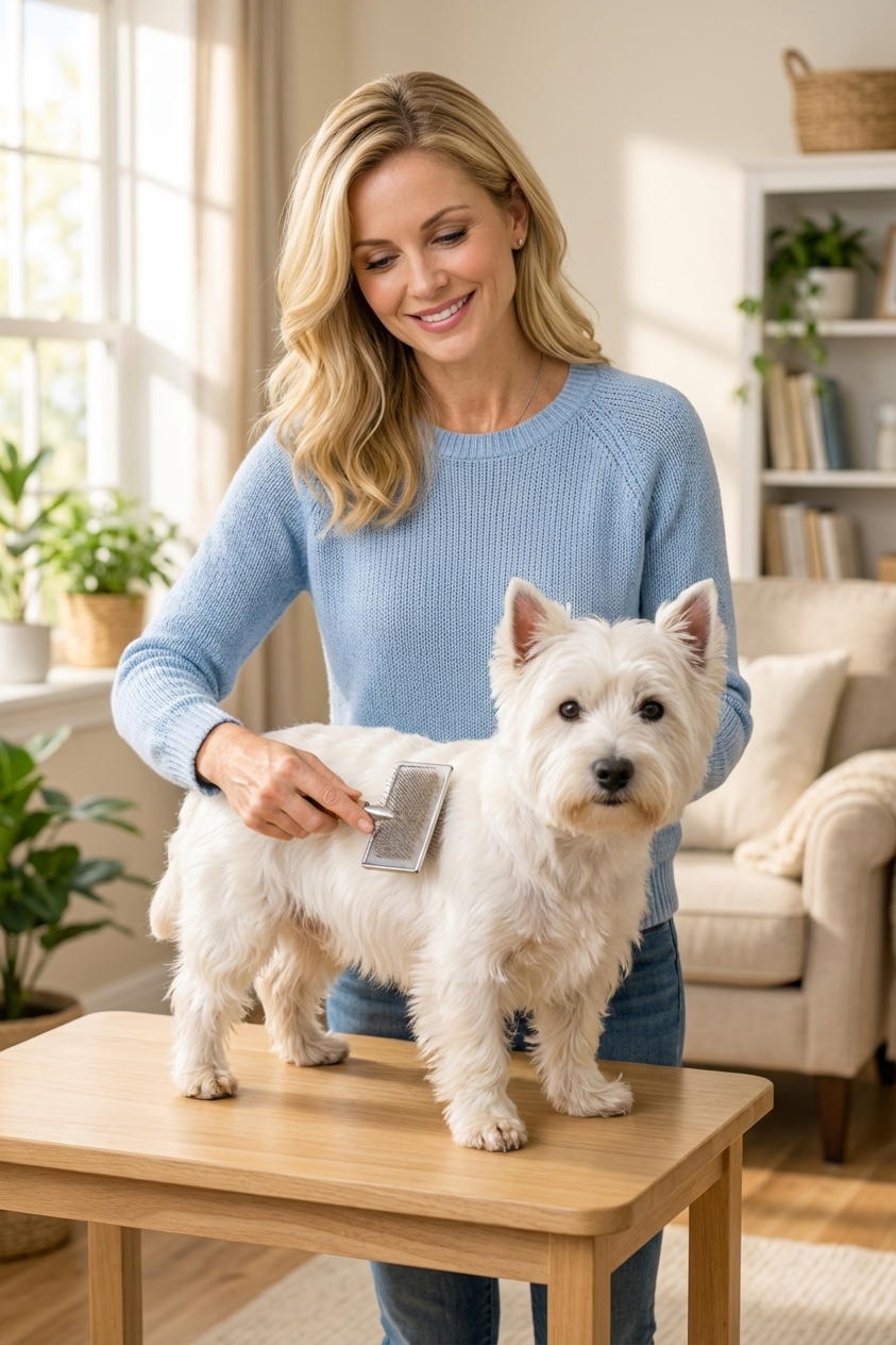 A West Highland White Terrier standing calmly on a grooming table while being brushed with a slicker brush in a bright home setting, real photography style