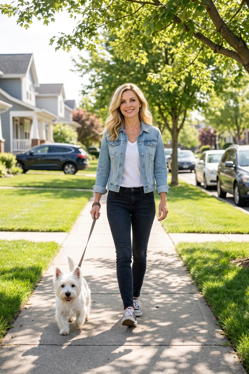 A West Highland White Terrier walking briskly on a leash along a neighborhood sidewalk on a sunny day, real photography style