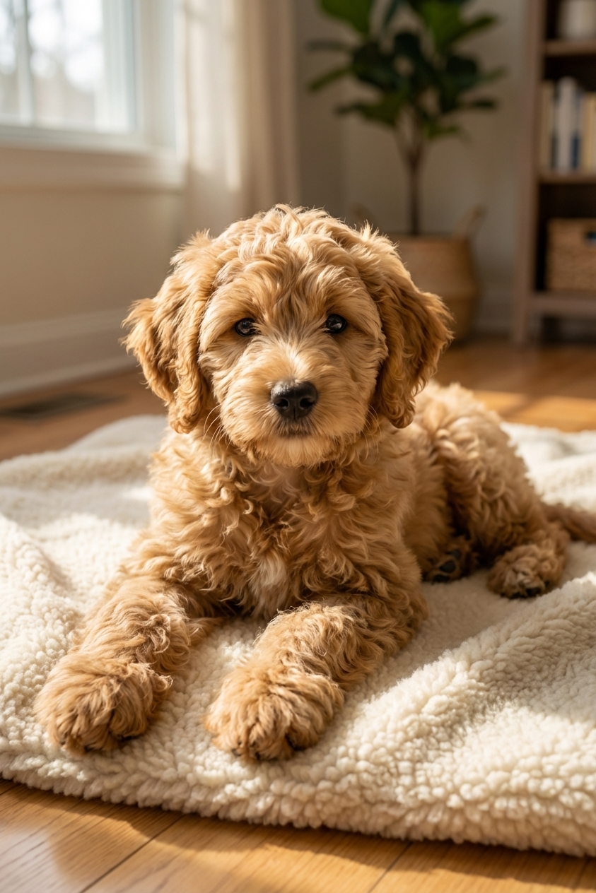 A Whoodle puppy with a fluffy tan coat lying on a soft blanket indoors, looking into the camera with relaxed posture in warm window light, photorealistic