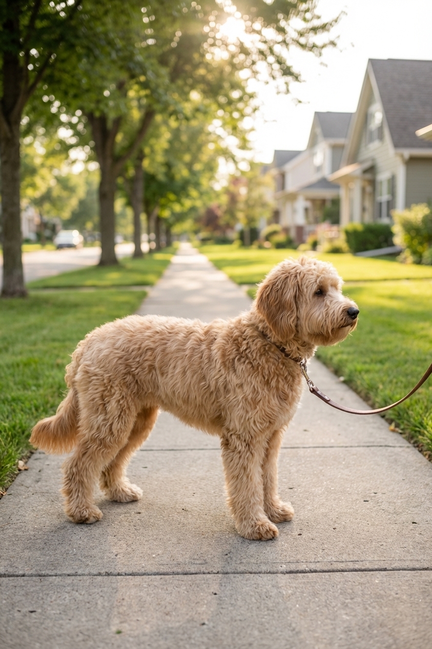 A Whoodle standing in profile on a sidewalk during a neighborhood walk, showing a wavy coat and floppy ears, photographed in natural light with a shallow depth of field