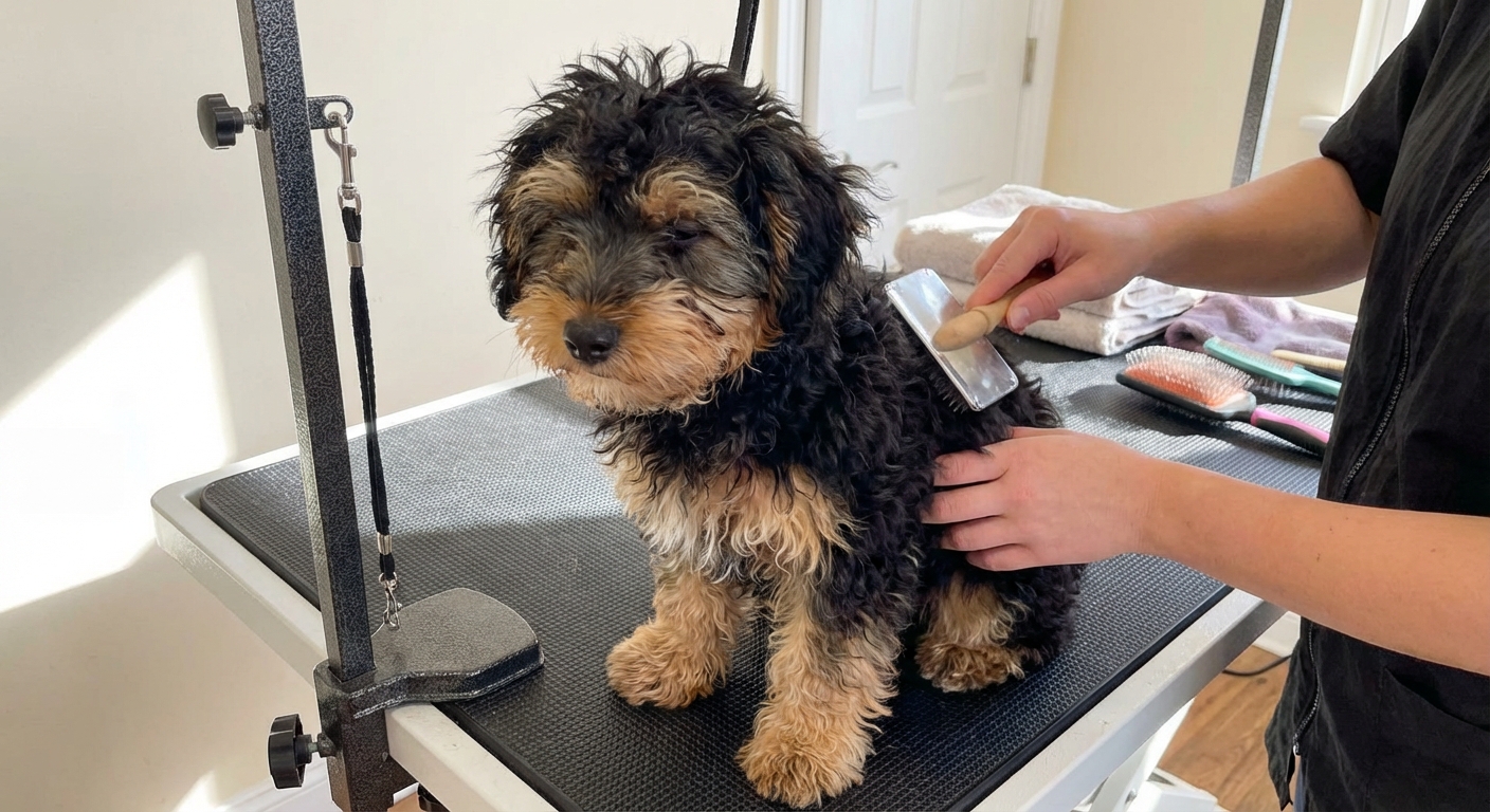 A Yorkipoo being gently brushed with a slicker brush on a grooming table