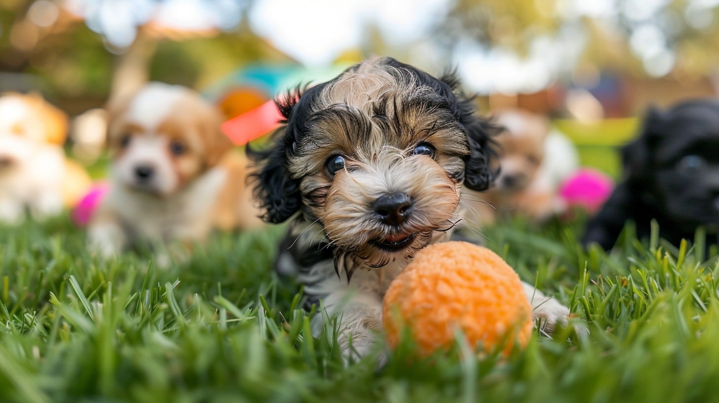 A Yorkipoo puppy playing with a small ball on a grassy lawn in natural daylight