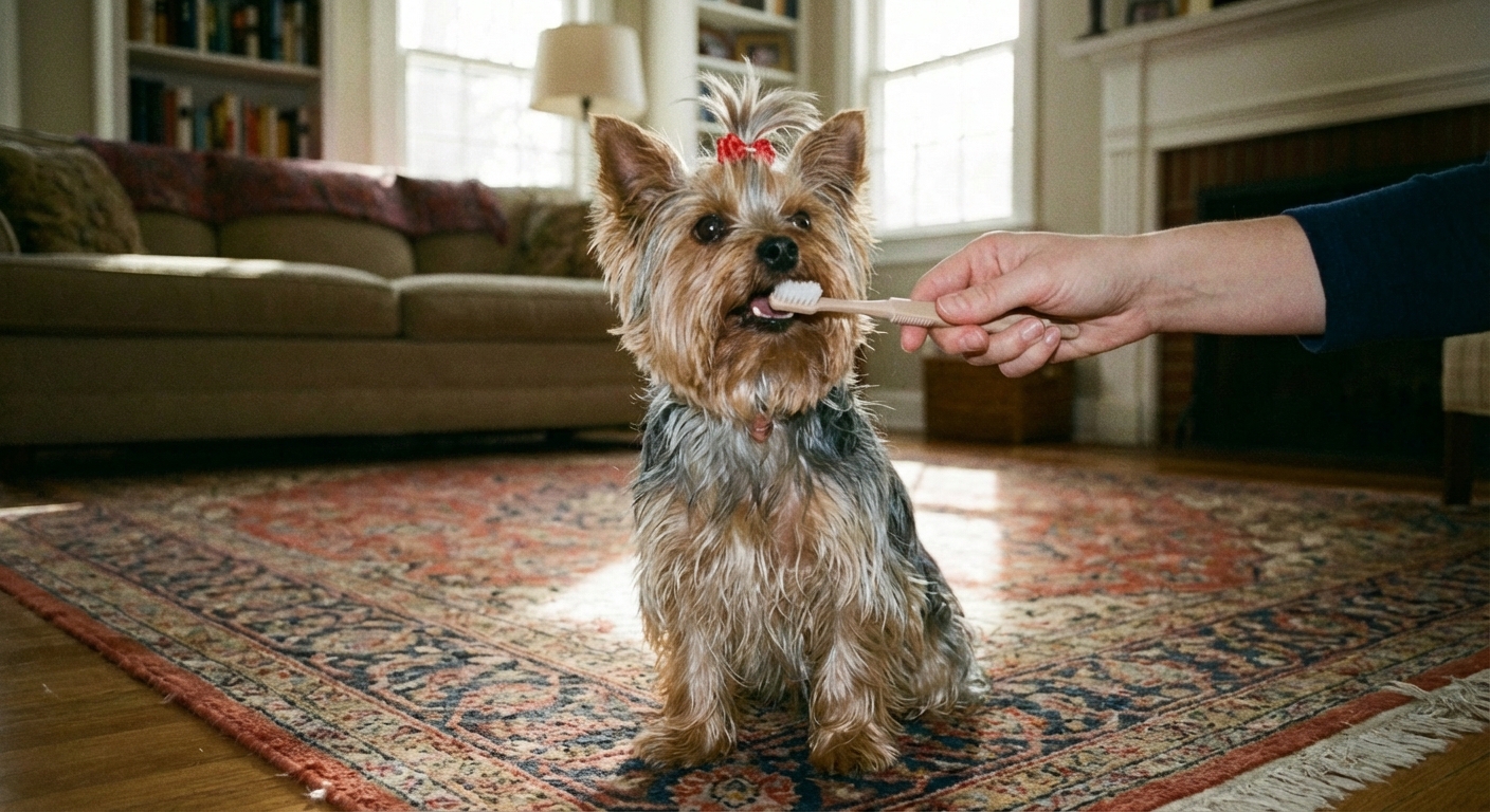 A Yorkshire Terrier having its teeth gently brushed with a small dog toothbrush in a home setting