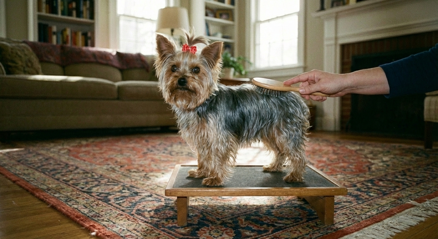 A Yorkshire Terrier standing on a grooming table while being gently brushed along the back