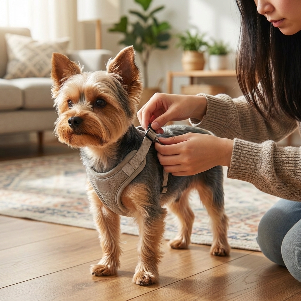 A Yorkshire Terrier wearing a comfortable chest harness indoors, standing calmly while an owner adjusts the harness straps, realistic photo