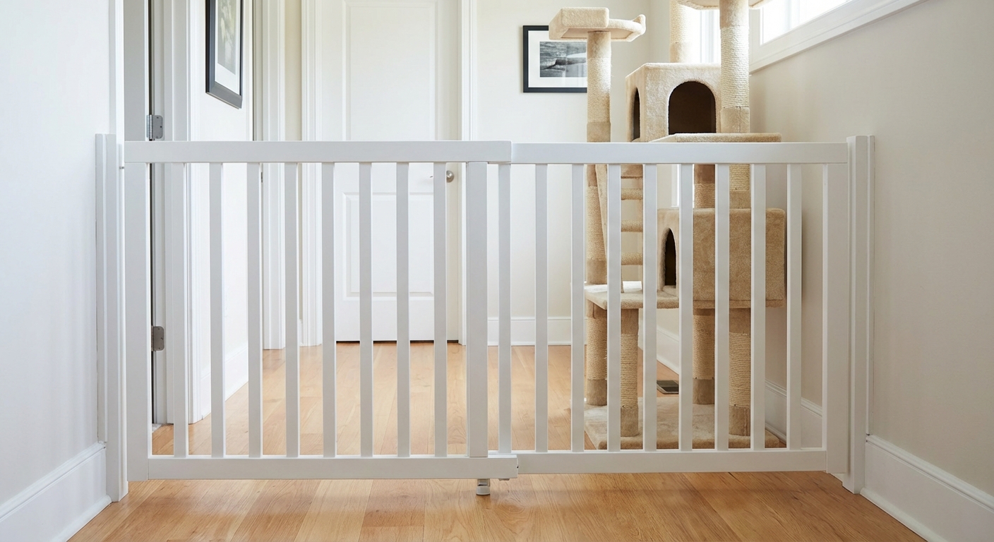 A baby gate in a hallway with a cat tree visible behind it