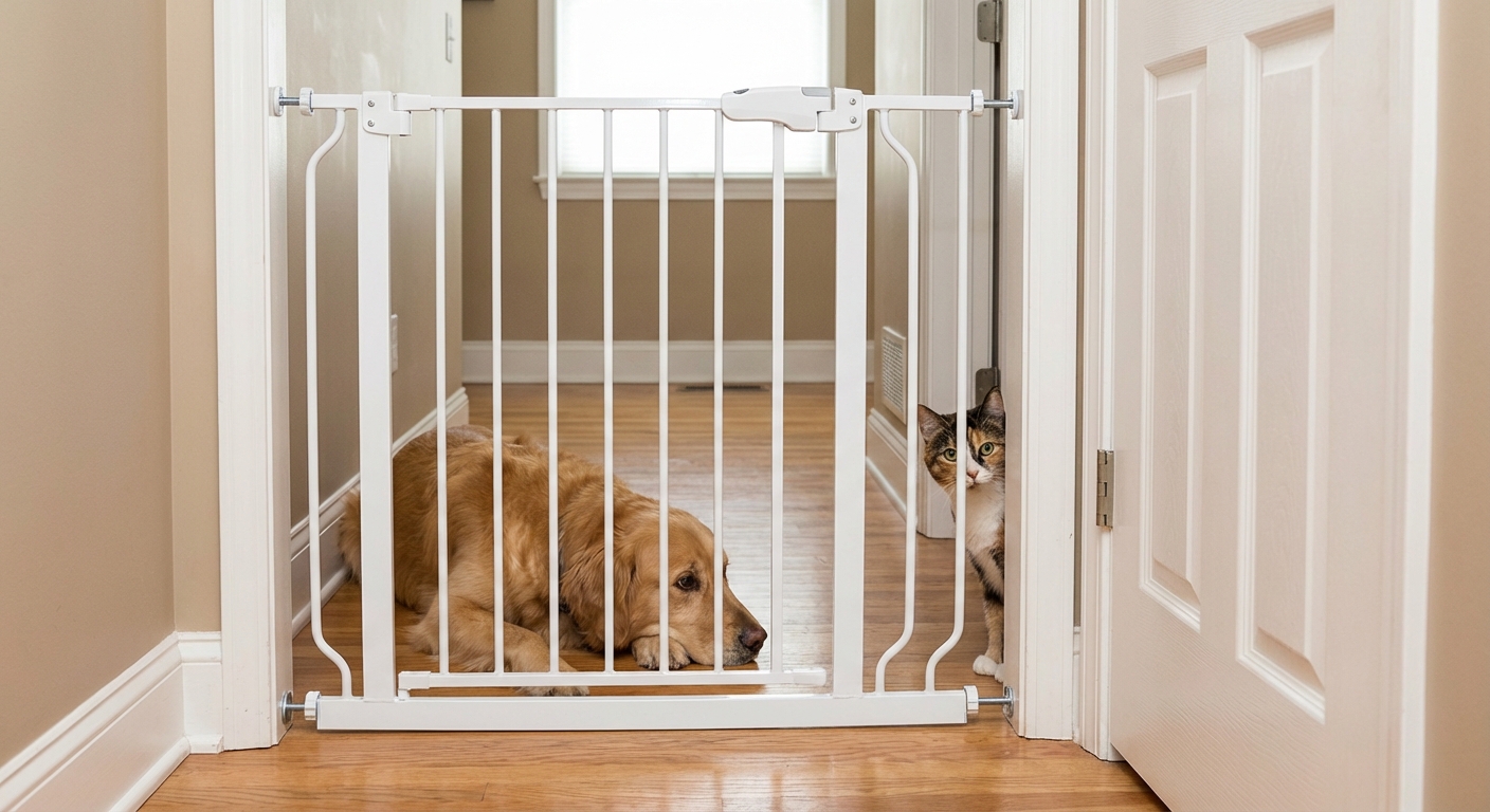 A baby gate in a hallway with a dog lying calmly on one side while a cat watches from a doorway