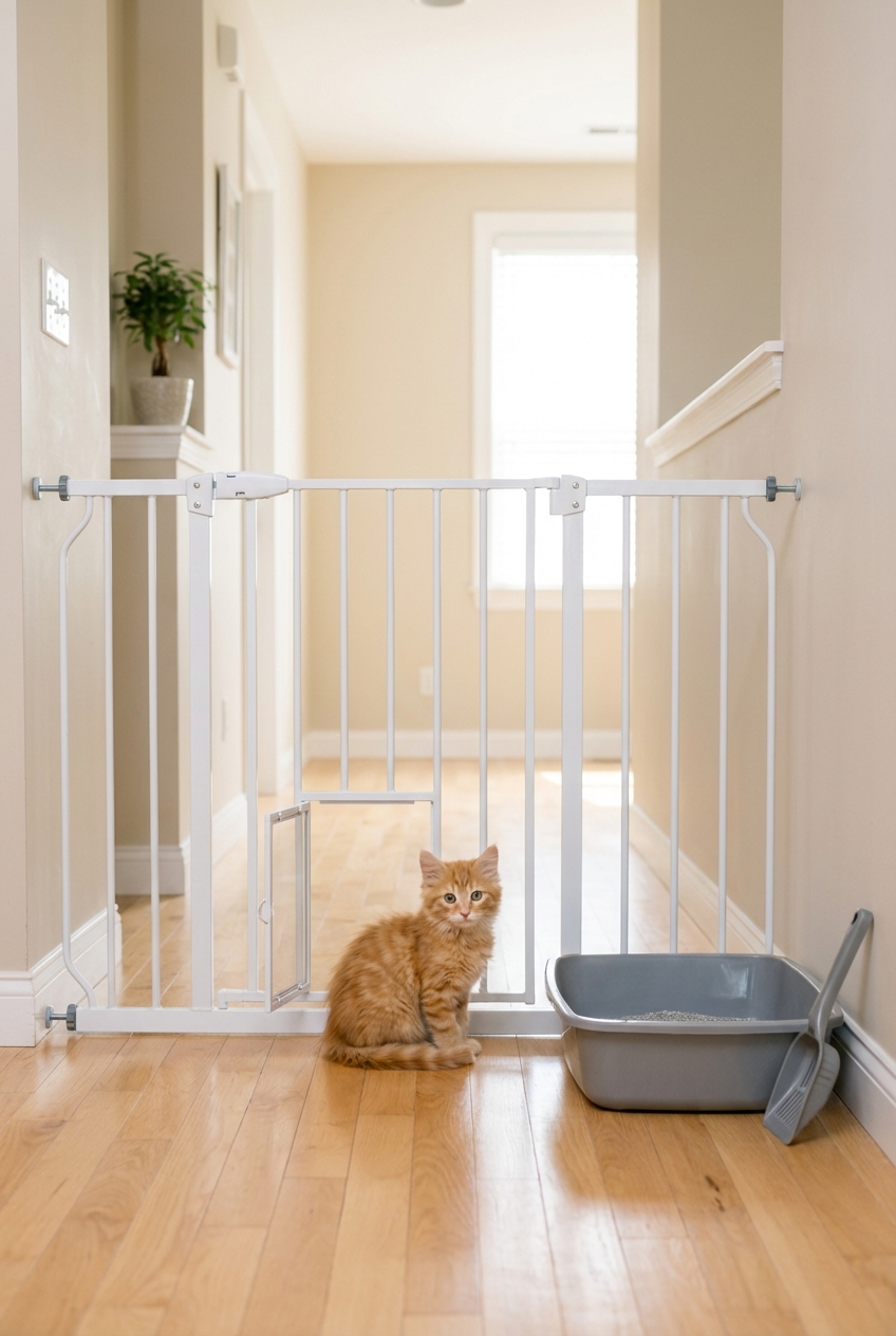 A baby gate in a hallway with a kitten sitting on the cat-only side near a litter box