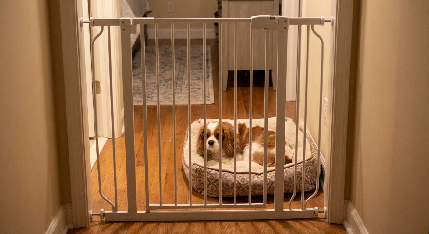 A baby gate in a hallway with a small dog resting calmly on a bed behind it