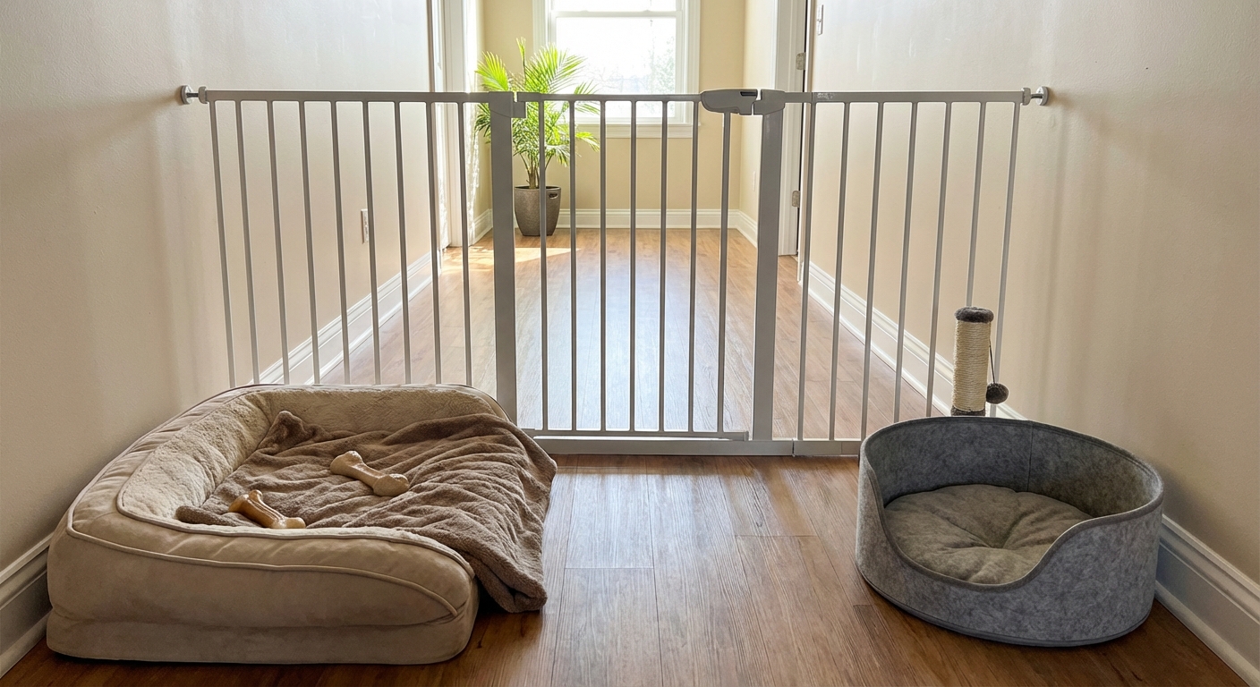 A baby gate installed in a hallway with a dog bed on one side and a cat bed on the other
