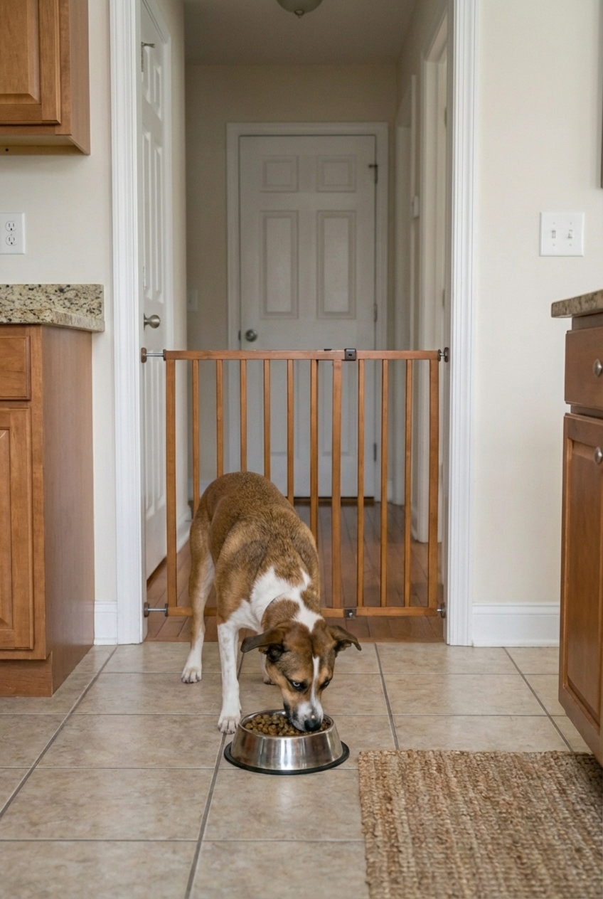 A baby gate separating a dog eating in a quiet room from a hallway