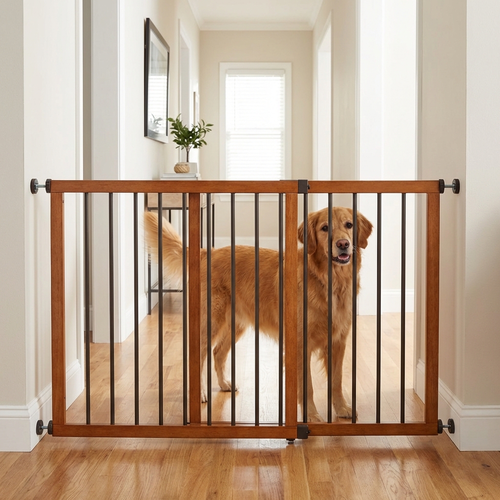 A baby gate set up in a hallway inside a home with a dog visible behind it